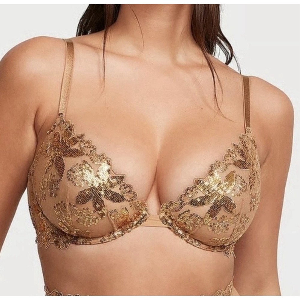 Victoria's Secret NWT Gold Ziggy Glam Floral Embroidery Low Cut Demi Bra 34DD